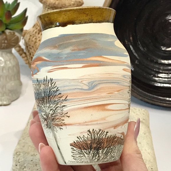 Vintage Sevierville Pottery Tennessee Hand Painted Trees Vase 6" Matte Glaze - Picture 1 of 16
